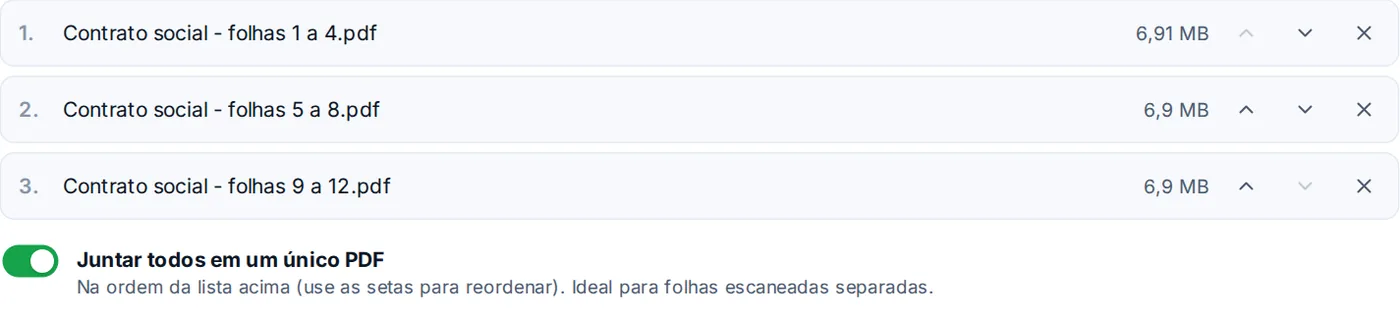 Lista de arquivos com setas para reordenar e opção de juntar