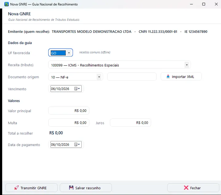 Nova GNRE: Guia preenchida a partir do XML do documento