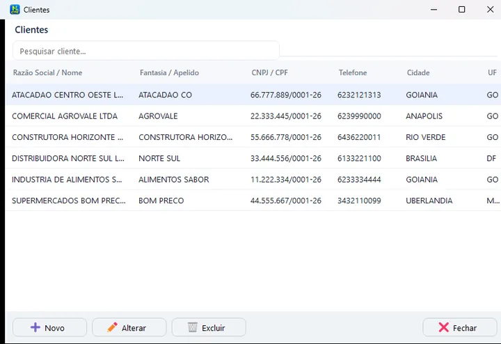 Clientes: Cadastro com CNPJ, telefone e cidade