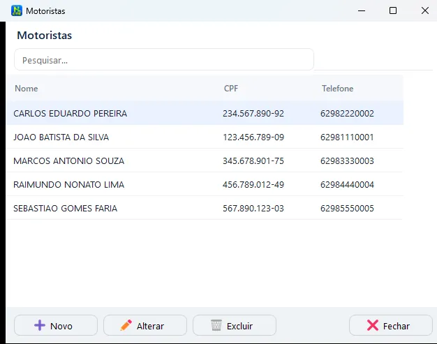 Motoristas: Cadastro dos condutores