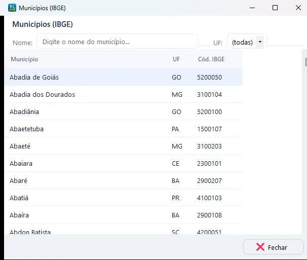 Municípios (IBGE): Tabela de municípios com código IBGE