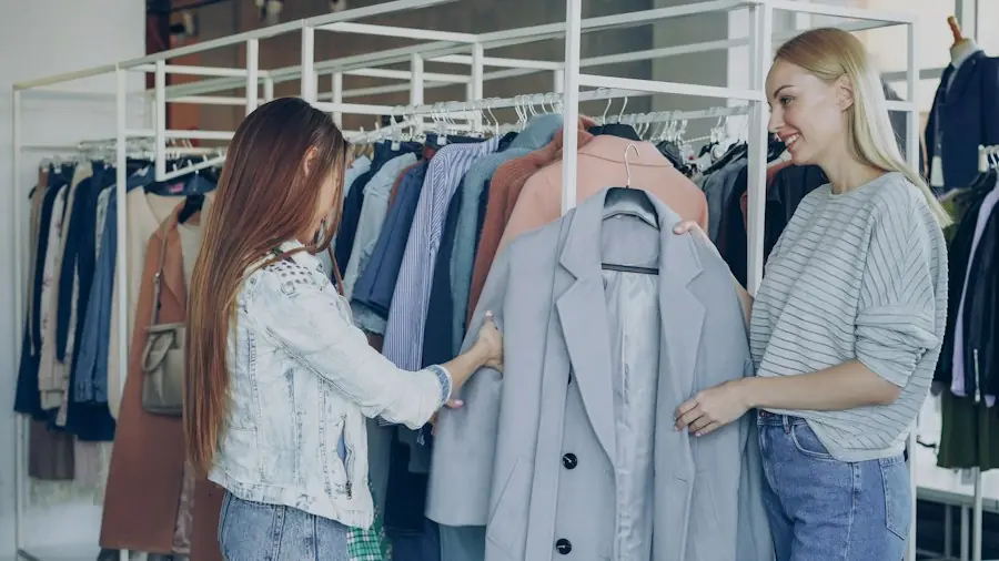 Atendente mostrando um casaco para cliente numa loja de roupas