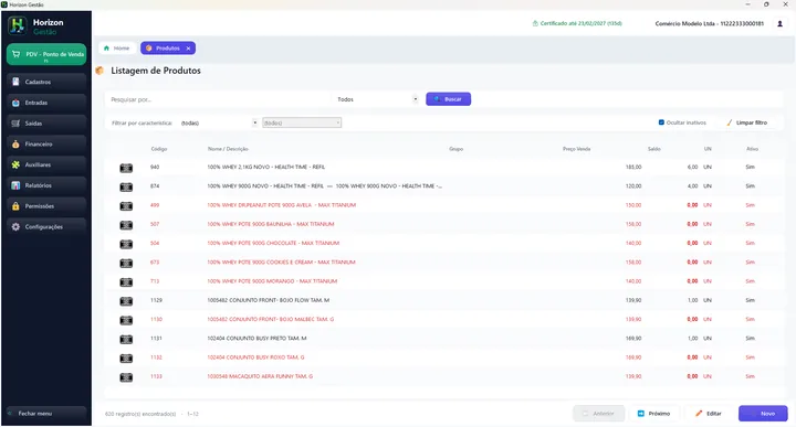 Listagem de produtos do Horizon Gestão com código, descrição, preço de venda e saldo em estoque