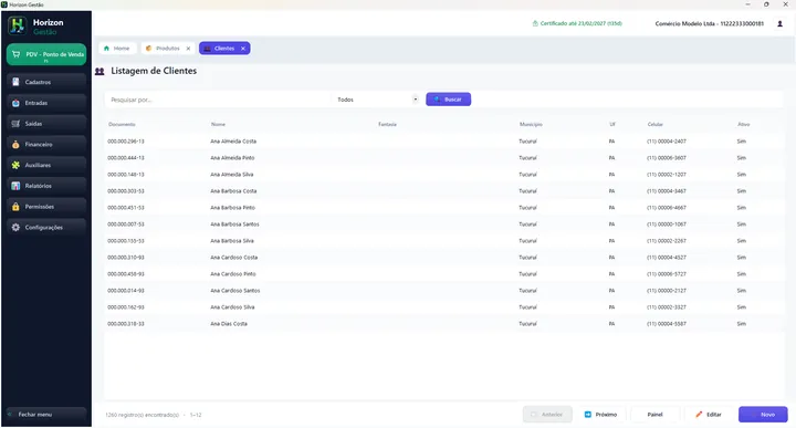 Listagem de clientes do Horizon Gestão