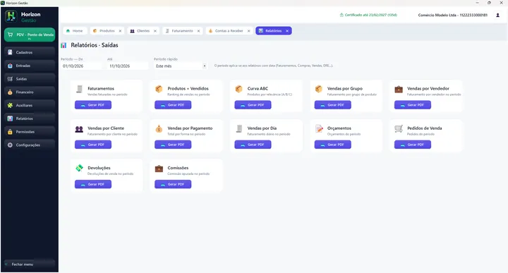 Tela de relatórios de saídas do Horizon Gestão com os relatórios disponíveis para gerar em PDF