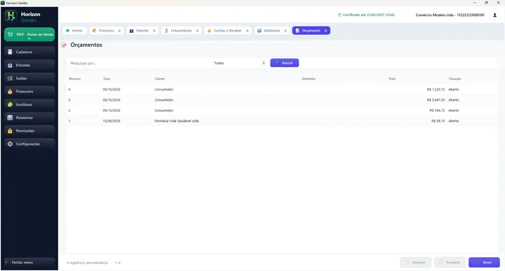 Listagem de orçamentos do Horizon Gestão com situação de cada um
