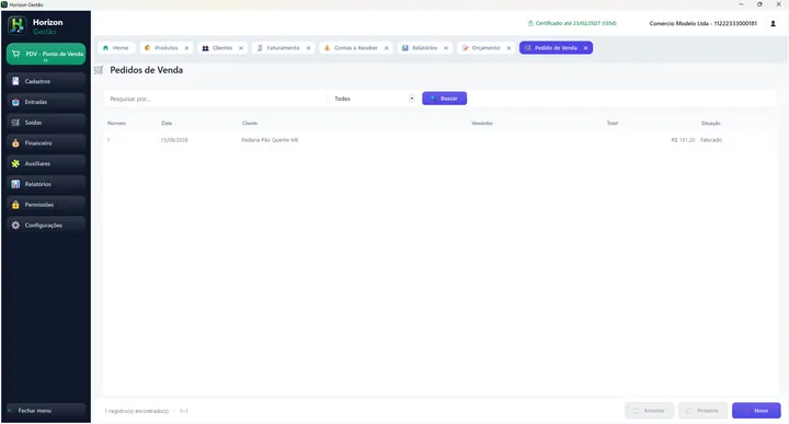 Listagem de pedidos de venda do Horizon Gestão