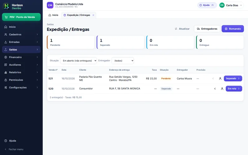 Tela: Expedição e entregas