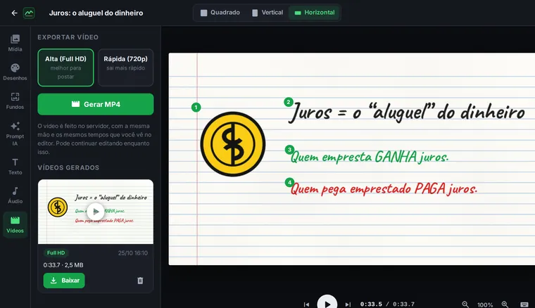 Aba de exportar com o vídeo pronto para baixar