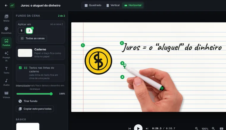 Editor com a cena no papel de caderno