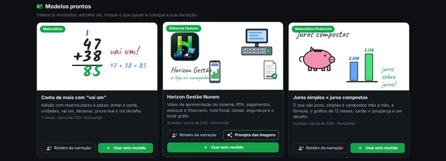 Tela inicial com os modelos prontos