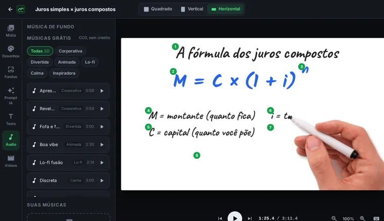 Tela do editor: Músicas grátis