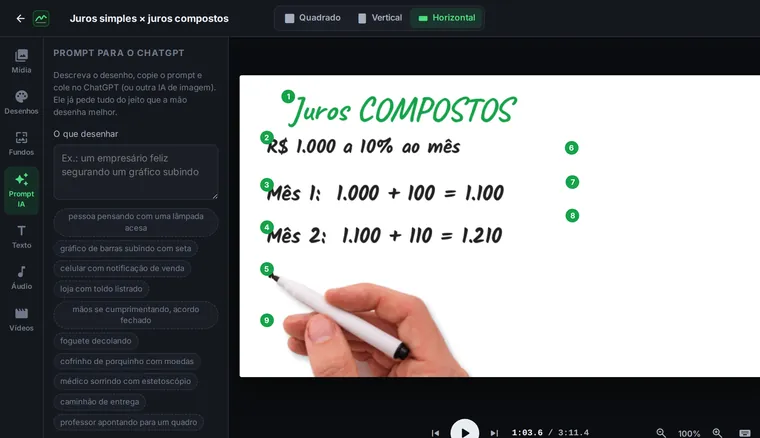 Tela do editor: Imagens com IA