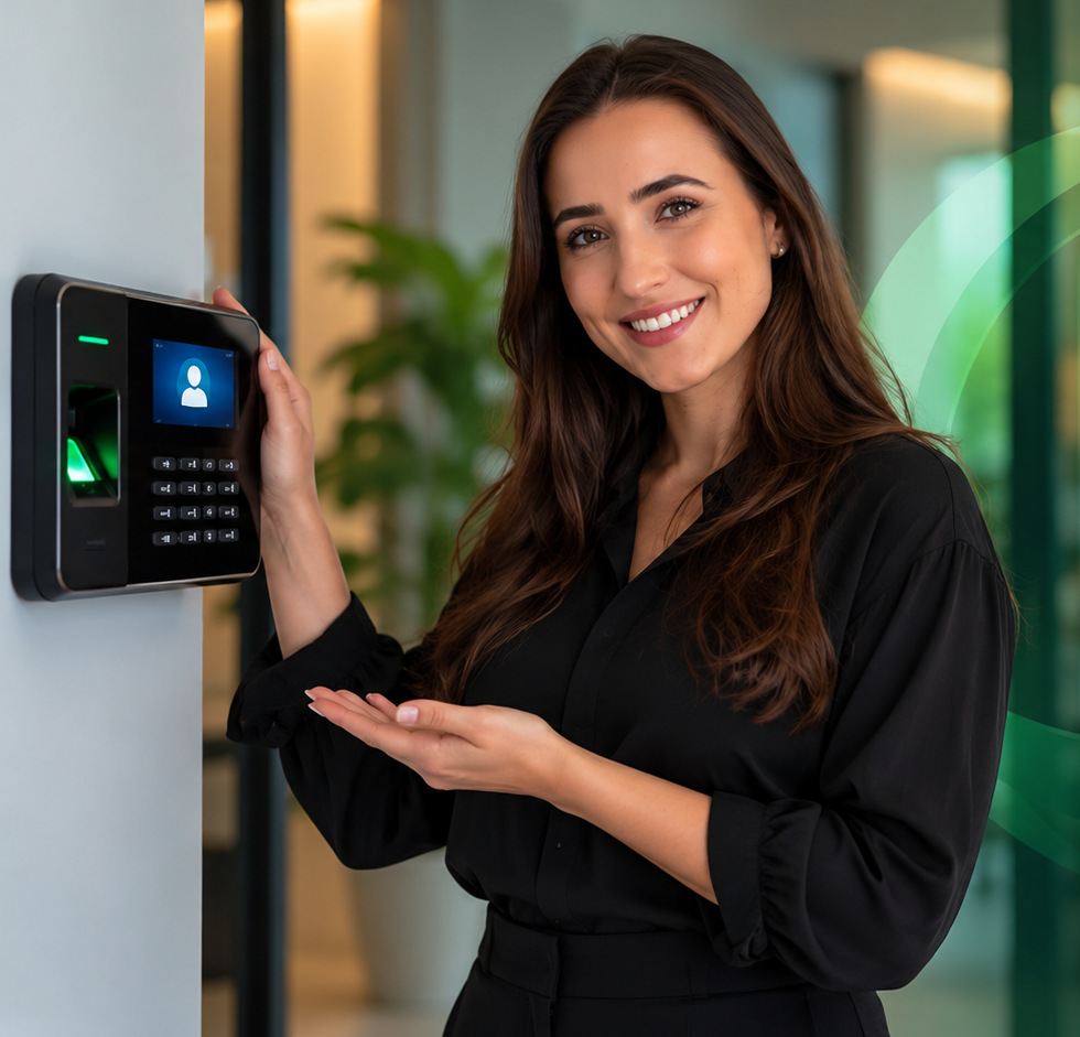 Funcionária batendo o ponto no relógio digital da empresa