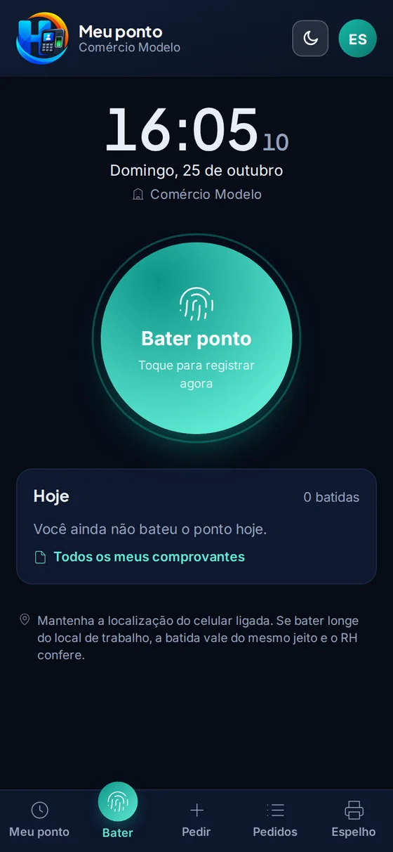 Botão Bater ponto no app do funcionário