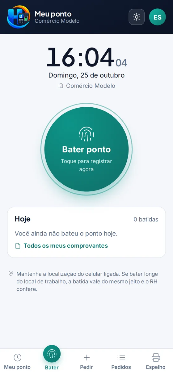 Botão Bater ponto no app do funcionário