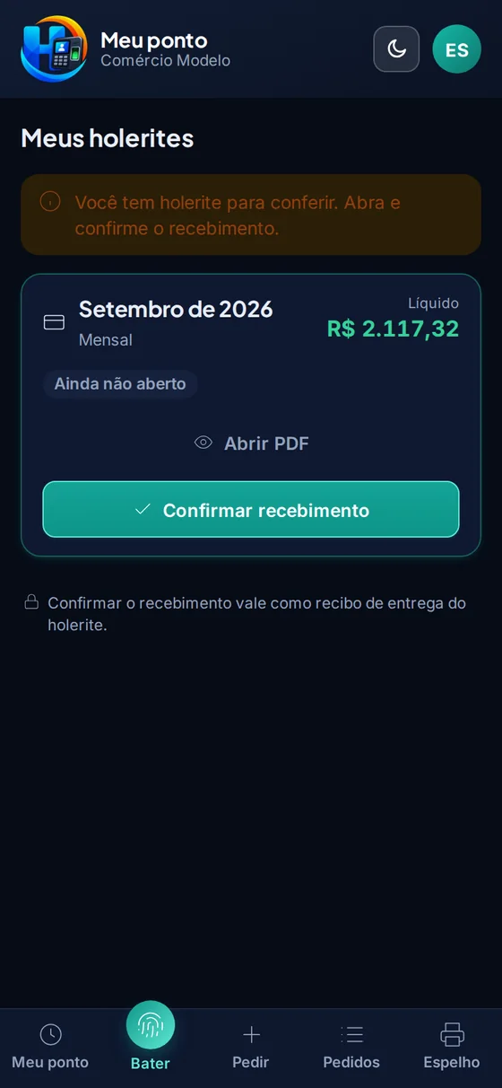 Holerite no app com o botão Confirmar recebimento