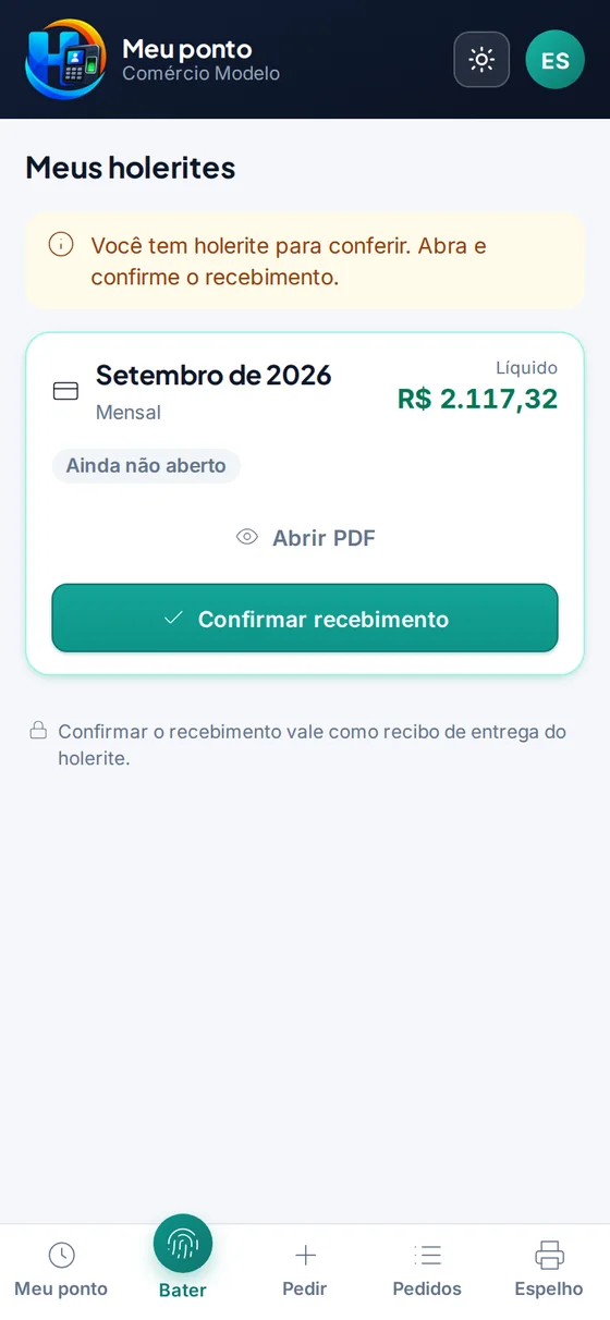 Holerite no app com o botão Confirmar recebimento