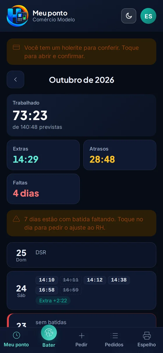 Meu ponto: horas do mês, extras e atrasos no app