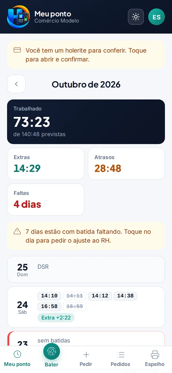 Meu ponto: horas do mês, extras e atrasos no app