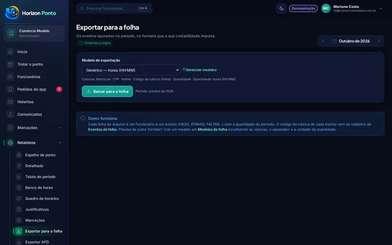 Tela: Exportar para a folha