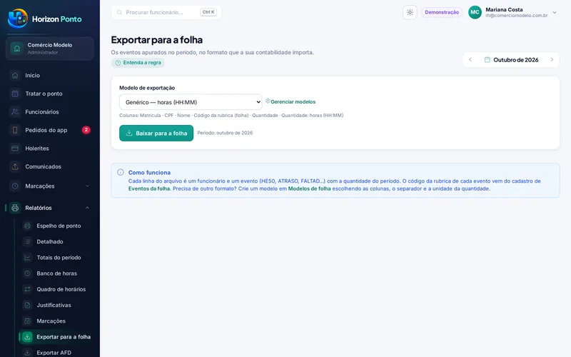 Tela: Exportar para a folha